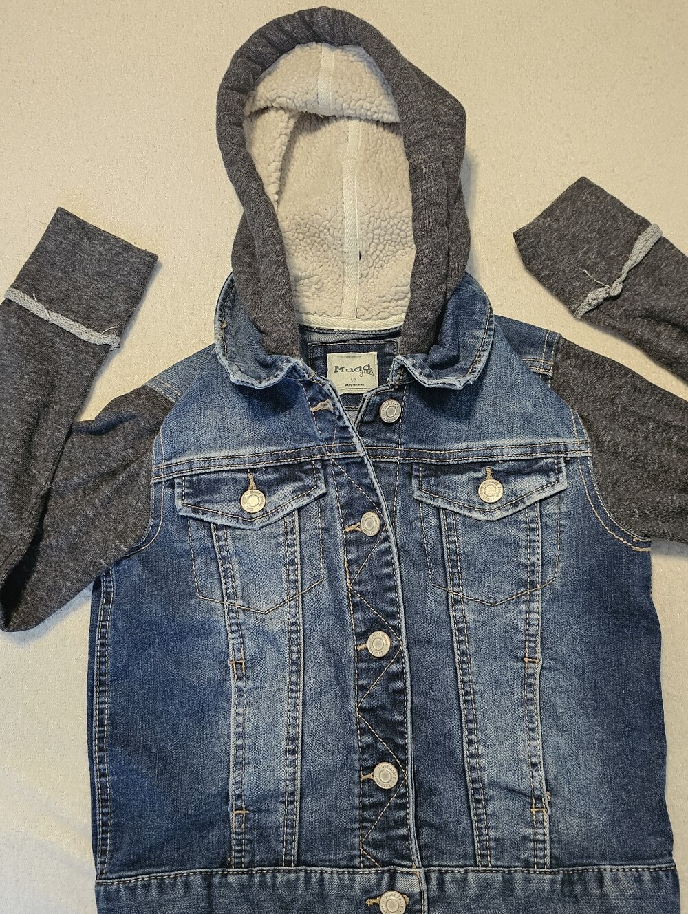 Mudd Jean Jacket Hooded Girls 10 Cotton Poly Blend Blue Gray Euc Button Front